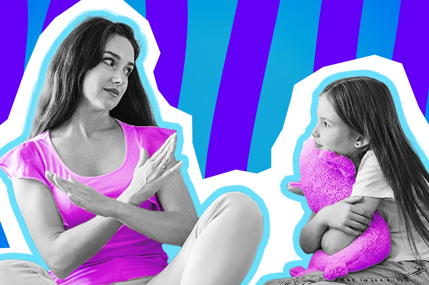 Ausdrucksstarke Collage zum Thema Kindererziehung und Grenzen setzen: Eine ernst blickende Mutter in Schwarz-Weiß formt mit ihren Händen eine deutliche, ablehnende Kreuz-Geste (Stopp/Nein). Sie trägt ein leuchtend pinkes T-Shirt. Ihr gegenüber sitzt ein kleines Mädchen in Schwarz-Weiß, das ein knallpinkes Kuscheltier fest im Arm hält und aufmerksam zur Mutter schaut. Das Pop-Art-Motiv vor einem blau-violetten Wellen-Hintergrund visualisiert prägnant das Setzen von elterlichen Grenzen und die vieldiskutierte Frage, ob eine Familie demokratisch funktionieren kann oder nicht.