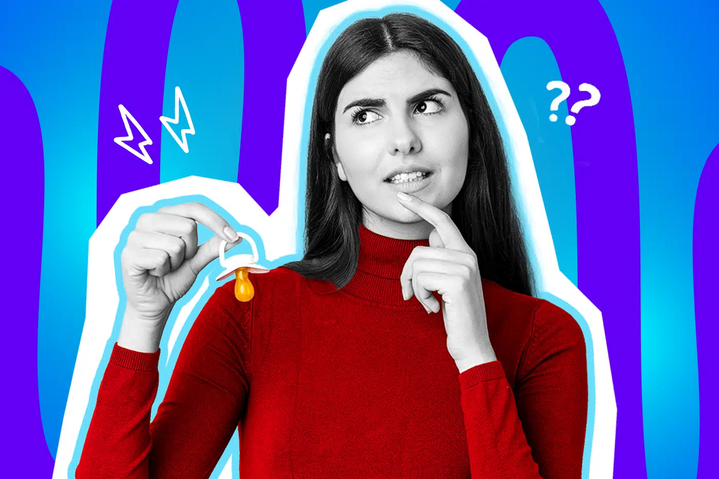 Ausdrucksstarke Collage zum Thema Kinderwunsch und Lebensplanung in den 30ern: Eine nachdenklich und leicht skeptisch blickende Frau in Schwarz-Weiß tippt sich grübelnd mit dem Zeigefinger an die Lippe. In der anderen Hand hält sie mit spitzen Fingern einen Baby-Schnuller mit gelb-orangem Saugerteil, den sie fast schon irritiert betrachtet. Sie trägt einen leuchtend roten Rollkragenpullover, der sich farblich stark abhebt. Weiße Fragezeichen- und Blitz-Icons sowie das Pop-Art-Motiv vor einem markanten blau-violetten Wellen-Hintergrund visualisieren pointiert den gesellschaftlichen Druck, die innere Zerrissenheit und die große, ungelöste Frage: Will ich eigentlich Kinder oder doch lieber meine Ruhe?