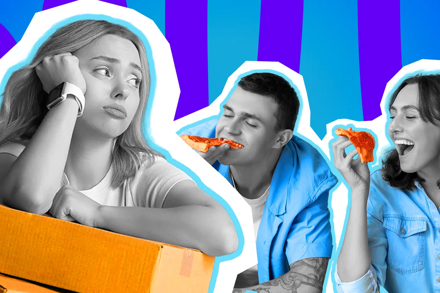 Humorvolle Collage zum Thema Umzugshilfe und Dankbarkeit: Auf der linken Seite stützt eine völlig erschöpfte und genervt blickende Frau in Schwarz-Weiß ihren Kopf auf die Hand, während sie lustlos an leuchtend orangefarbenen Umzugskartons lehnt. Rechts daneben sitzen ein Mann und eine Frau in Schwarz-Weiß mit knallblauen Oberteilen, die fröhlich und genüsslich leuchtend orangefarbene Pizzastücke essen. Das Pop-Art-Motiv vor einem blau-violetten Wellen-Hintergrund visualisiert humorvoll den krassen Kontrast zwischen der harten Schlepperei am Umzugstag und der absoluten Erwartungshaltung auf die verdiente Pizza als Belohnung.