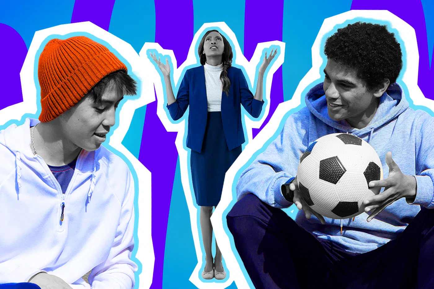 Humorvolle Collage zum Thema Schul-Dresscode und Jogginghosen-Debatte: Im Hintergrund steht eine Frau in Schwarz-Weiß, gekleidet in ein klassisch-strenges dunkelblaues Kostüm, und wirft völlig fassungslos und resigniert die Arme in die Luft. Im Vordergrund sitzen zwei entspannte Schüler in Schwarz-Weiß in betont lässiger Freizeitkleidung: Der linke trägt einen weißen Hoodie und eine leuchtend orangefarbene Beanie-Mütze, der rechte einen hellblauen Hoodie und hält locker einen Fußball in den Händen. Das Pop-Art-Motiv vor einem markanten blau-violetten Wellen-Hintergrund visualisiert pointiert den krassen modischen Kontrast, den Generationenkonflikt und die absolute Empörung über den "Gammellook" im Schulalltag.