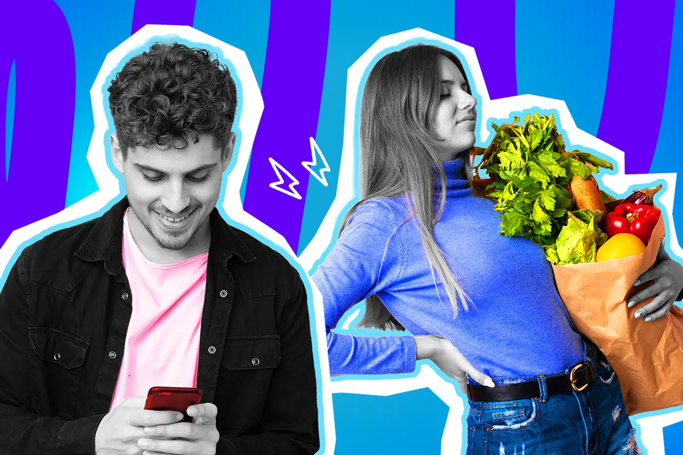 Humorvolle Collage zum Thema Mental Load und Beziehungs-Wahnsinn im Supermarkt: Auf der linken Seite steht ein lächelnder Mann in Schwarz-Weiß, der völlig entspannt, abwesend und ahnungslos auf sein rotes Smartphone tippt. Er trägt ein leuchtend pinkes T-Shirt. Auf der rechten Seite steht eine Frau in Schwarz-Weiß, die sich völlig erschöpft und genervt eine Hand in den Rücken stützt. Sie trägt einen strahlend blauen Rollkragenpullover und schleppt eine schwere, prall gefüllte Papiertüte voller buntem Gemüse (Sellerie, Paprika). Weiße Blitz-Icons und das Pop-Art-Motiv vor einem markanten blau-violetten Wellen-Hintergrund visualisieren pointiert die ungleiche Aufgabenverteilung, die Ignoranz beim gemeinsamen Einkaufen und den berüchtigten "Todesblick" an der Kasse.