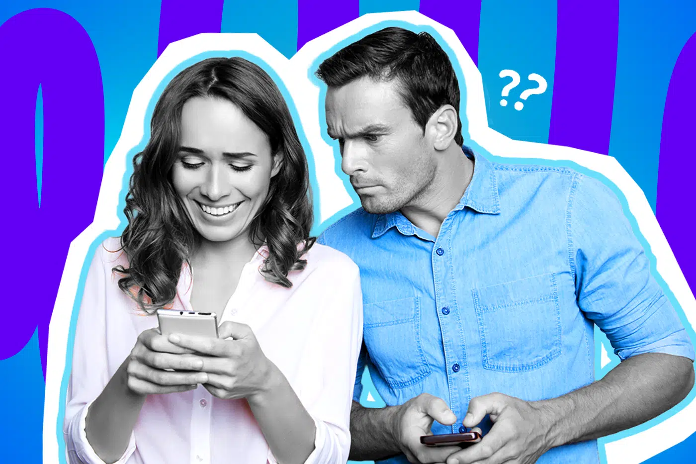 Ausdrucksstarke Collage zum Thema Kontrollzwang und Vertrauensbruch in Beziehungen: Auf der linken Seite steht eine ahnungslos lächelnde Frau in Schwarz-Weiß, die entspannt auf ihr Smartphone schaut. Sie trägt eine zartrosafarbene Bluse. Rechts hinter ihr steht ein Mann in Schwarz-Weiß in einem leuchtend blauen Hemd. Er hält sein eigenes Smartphone in den Händen, beugt sich über ihre Schulter und starrt extrem misstrauisch und kontrollierend auf ihr Display. Weiße Fragezeichen-Icons und das Pop-Art-Motiv vor einem markanten blau-violetten Wellen-Hintergrund visualisieren pointiert das heimliche Mitlesen, extreme Eifersucht und den massiven Eingriff in die Privatsphäre (z. B. durch Spiegelsoftware).