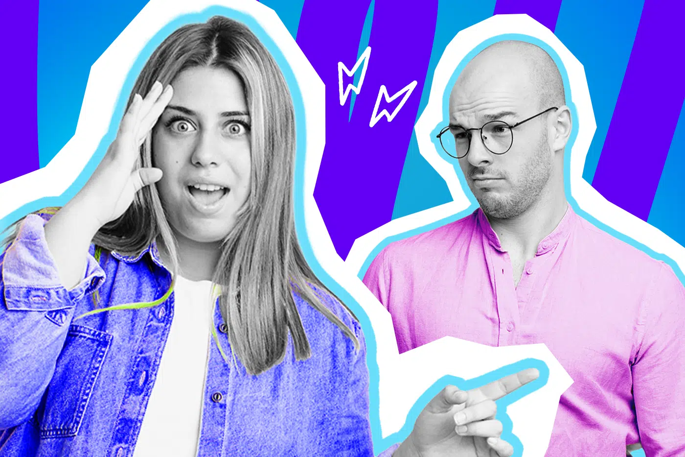 Ausdrucksstarke Collage zum Thema Bodyshaming und toxische Kommentare: Eine fassungslos blickende Frau in Schwarz-Weiß schlägt sich mit weit aufgerissenem Mund und ungläubigem Blick die Hand an die Stirn. Sie trägt ein leuchtend blaues Jeanshemd. Rechts daneben steht ein skeptisch und herablassend dreinblickender Mann mit Brille und Glatze in Schwarz-Weiß, der ein knallpinkes Hemd trägt. Weiße Blitz-Icons zwischen den beiden und das Pop-Art-Motiv vor einem blau-violetten Wellen-Hintergrund visualisieren pointiert den Schock über völlig übergriffige Aussagen und Fatshaming.