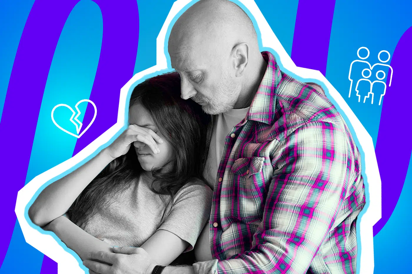 Emotionale Collage zum Thema Liebeskummer und familiärer Rückhalt: Ein fürsorglicher Vater in einem leuchtend pink-grün karierten Hemd hält seine weinende Tochter schützend und tröstend im Arm. Die junge Frau ist in Schwarz-Weiß gehalten, lehnt sich an ihn und verbirgt völlig verzweifelt ihr Gesicht hinter einer Hand. Weiße Icons eines gebrochenen Herzens und einer Familie sowie das Pop-Art-Motiv vor einem markanten blau-violetten Wellen-Hintergrund visualisieren pointiert den tiefen Schmerz einer ungesunden Beziehung, die emotionale Erschöpfung und den unfassbar wichtigen, bedingungslosen Beistand durch die eigenen Eltern.