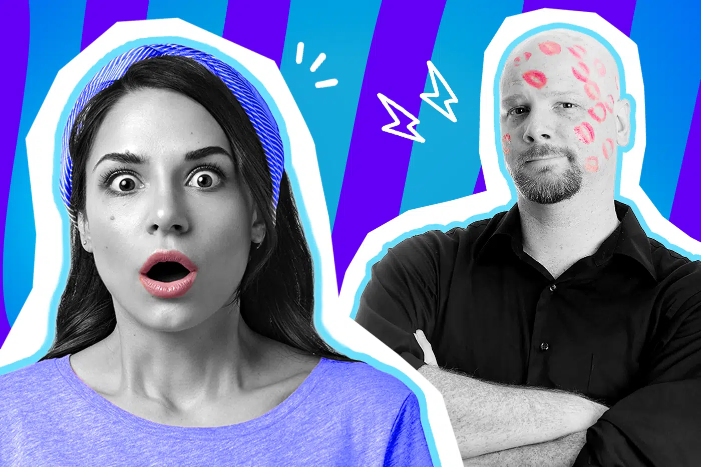 Humorvolle Collage zum Thema peinliche Alltagsmomente und Missgeschicke: Auf der linken Seite starrt eine Frau in Schwarz-Weiß mit weit aufgerissenen Augen und offenem Mund völlig schockiert und ertappt in die Kamera. Sie trägt ein leuchtend blau-violettes T-Shirt und ein farblich passendes Stirnband. Auf der rechten Seite steht ein Mann in Schwarz-Weiß mit verschränkten Armen und einem leicht resignierten, aber amüsierten Blick. Sein kompletter kahler Kopf und sein Gesicht sind über und über mit knallroten Lippenstift-Küssen bedeckt. Weiße Blitz-Icons und das Pop-Art-Motiv vor einem markanten blau-violetten Wellen-Hintergrund visualisieren pointiert den absoluten "Oh mein Gott"-Moment, peinliche Verwechslungen und das klassische Gefühl, wenn man am liebsten einfach nur im Boden versinken möchte.
