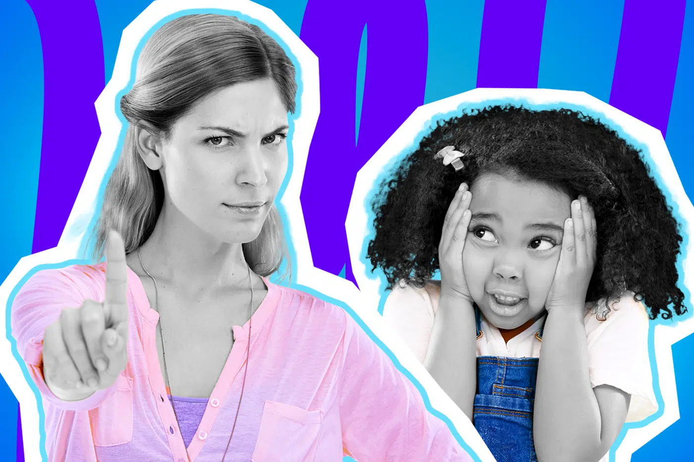 Ausdrucksstarke Collage zum Thema persönliche Grenzen und übergriffiges Verhalten: Auf der linken Seite steht eine streng und entschlossen blickende Frau in Schwarz-Weiß, die bestimmt den Zeigefinger hebt und eine unmissverständliche "Stopp"-Geste macht. Sie trägt ein leuchtend pinkfarbenes Oberteil. Auf der rechten Seite ist ein Mädchen in Schwarz-Weiß mit stark gelockten Haaren zu sehen, das sich schützend, irritiert und unwohl die Hände an den Kopf hält. Es trägt eine blaue Latzhose. Das Pop-Art-Motiv vor einem markanten blau-violetten Wellen-Hintergrund visualisiert pointiert das Überschreiten körperlicher Grenzen, die Abwehr von ungefragten Berührungen und die Wichtigkeit, Betroffene konsequent vor Distanzlosigkeit im Alltag zu schützen.