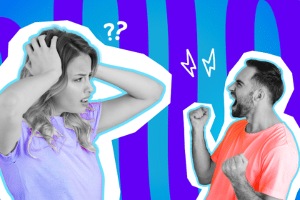 Ausdrucksstarke Collage zum Thema Unfreundlichkeit im Alltag: Eine gestresst und fassungslos blickende Frau in Schwarz-Weiß fasst sich irritiert an den Kopf. Sie trägt ein lilafarbenes T-Shirt. Rechts von ihr steht ein aggressiv schreiender Mann in Schwarz-Weiß mit geballten Fäusten in einem leuchtend orangefarbenen T-Shirt. Weiße Fragezeichen- und Blitz-Icons zwischen den beiden sowie das Pop-Art-Motiv vor einem blau-violetten Wellen-Hintergrund visualisieren humorvoll die absolute Verständnislosigkeit über grundlose Aggressionen und fehlende Höflichkeit.