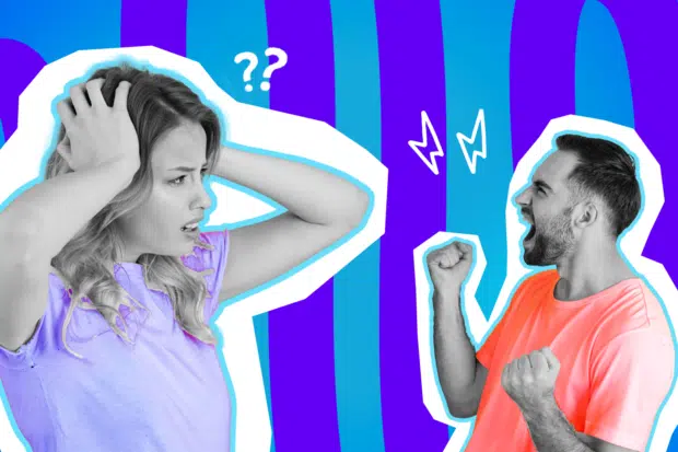Ausdrucksstarke Collage zum Thema Unfreundlichkeit im Alltag: Eine gestresst und fassungslos blickende Frau in Schwarz-Weiß fasst sich irritiert an den Kopf. Sie trägt ein lilafarbenes T-Shirt. Rechts von ihr steht ein aggressiv schreiender Mann in Schwarz-Weiß mit geballten Fäusten in einem leuchtend orangefarbenen T-Shirt. Weiße Fragezeichen- und Blitz-Icons zwischen den beiden sowie das Pop-Art-Motiv vor einem blau-violetten Wellen-Hintergrund visualisieren humorvoll die absolute Verständnislosigkeit über grundlose Aggressionen und fehlende Höflichkeit.