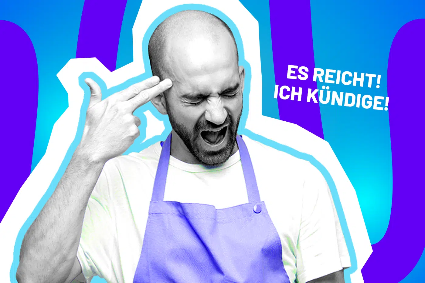 Ausdrucksstarke Collage zum Thema Job-Frust und Kündigung: Ein extrem gestresster und lauthals schreiender Mann mit Glatze in Schwarz-Weiß formt seine Hand zu einer imaginären Pistole und richtet sie verzweifelt gegen seine Schläfe. Er trägt ein weißes T-Shirt und eine helllila Schürze. Rechts neben seinem Kopf steht der weiße Schriftzug „ES REICHT! ICH KÜNDIGE!“. Das Pop-Art-Motiv vor einem markanten blau-violetten Wellen-Hintergrund visualisiert lautstark den absoluten Überlastungsmoment, toxische Arbeitsbedingungen und die erlösende Entscheidung, den Job endlich hinzuschmeißen.
