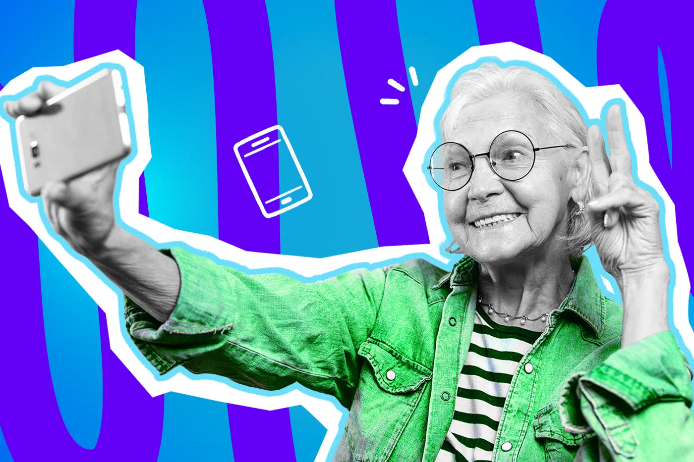 Humorvolle Collage zum Thema Senioren und Digitalisierung: Eine fröhlich lächelnde, ältere Dame in Schwarz-Weiß mit runder Brille macht ein Selfie mit ihrem Smartphone und zeigt dabei entspannt das Peace-Zeichen. Sie trägt eine leuchtend grüne Jacke über einem gestreiften Shirt, was einen starken farblichen Kontrast erzeugt. Ein weißes Smartphone-Icon und das Pop-Art-Motiv vor einem markanten blau-violetten Wellen-Hintergrund visualisieren pointiert die moderne, technikaffine Großmutter-Generation, die beim Thema Apps und kontaktloses Bezahlen so manchen Jüngeren völlig lässig in den Schatten stellt.