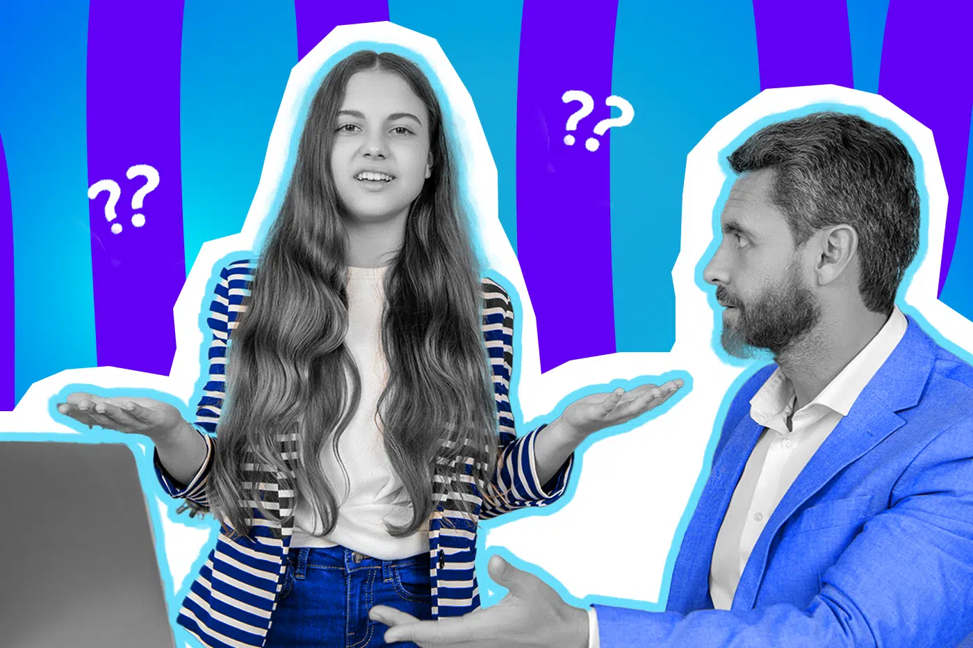 Humorvolle Collage zum Thema Schulalltag und unwissende Lehrkräfte: Eine verwirrt blickende Schülerin in Schwarz-Weiß zuckt ratlos mit den Schultern und dreht die Handflächen nach oben. Sie trägt einen blau-weiß gestreiften Blazer. Rechts neben ihr sitzt ein ebenfalls fragend dreinblickender Mann (Lehrer) mit Bart in Schwarz-Weiß, der ein leuchtend blaues Sakko trägt und gestikulierend auf einen teilweise sichtbaren Laptop deutet. Weiße Fragezeichen-Icons und das Pop-Art-Motiv vor einem blau-violetten Wellen-Hintergrund visualisieren humorvoll die gegenseitige Planlosigkeit und die absurden Momente, wenn Lehrkräfte offensichtlich selbst keine Ahnung haben.