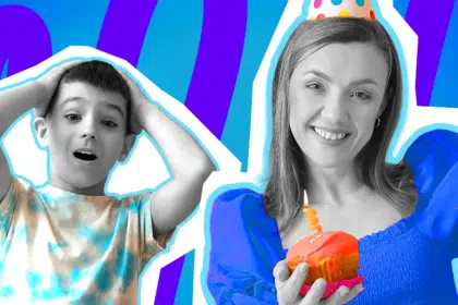 Humorvolle Collage zum Thema Geburtstag vergessen und Familien-Fail: Auf der linken Seite fasst sich ein völlig schockiert dreinblickender Junge in Schwarz-Weiß mit weit aufgerissenem Mund panisch an den Kopf. Er trägt ein buntes Batik-T-Shirt. Rechts daneben steht eine fröhlich lächelnde Frau in Schwarz-Weiß mit einem bunten Partyhütchen, die erwartungsvoll einen leuchtend orangefarbenen Cupcake mit brennender Kerze in der Hand hält. Sie trägt ein knallblaues Oberteil. Das Pop-Art-Motiv vor einem blau-violetten Wellen-Hintergrund visualisiert pointiert den absoluten Schreckmoment und die unangenehme Realisation, wenn die Familie den Geburtstag der Mama komplett vergessen hat.