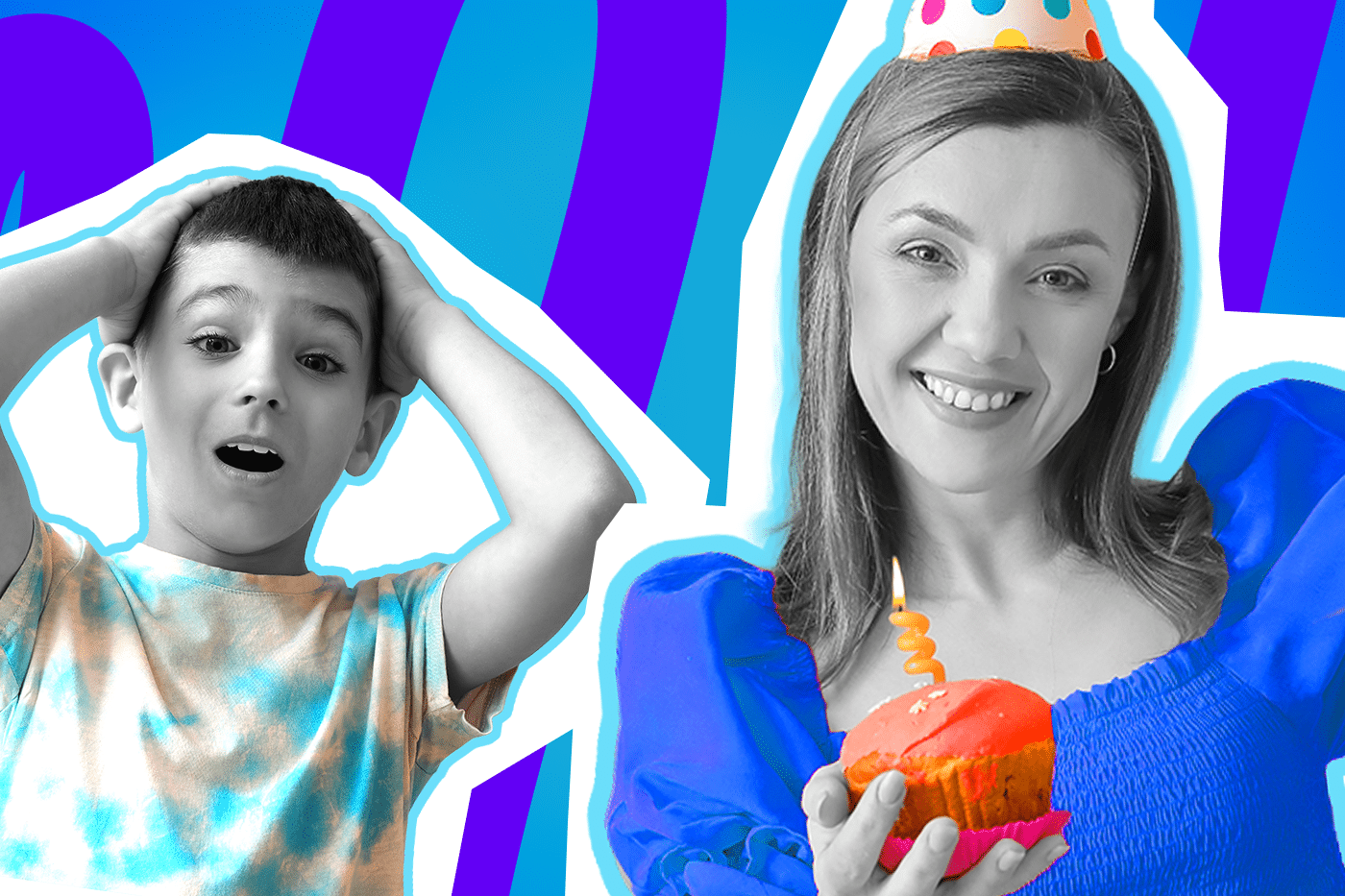 Humorvolle Collage zum Thema Geburtstag vergessen und Familien-Fail: Auf der linken Seite fasst sich ein völlig schockiert dreinblickender Junge in Schwarz-Weiß mit weit aufgerissenem Mund panisch an den Kopf. Er trägt ein buntes Batik-T-Shirt. Rechts daneben steht eine fröhlich lächelnde Frau in Schwarz-Weiß mit einem bunten Partyhütchen, die erwartungsvoll einen leuchtend orangefarbenen Cupcake mit brennender Kerze in der Hand hält. Sie trägt ein knallblaues Oberteil. Das Pop-Art-Motiv vor einem blau-violetten Wellen-Hintergrund visualisiert pointiert den absoluten Schreckmoment und die unangenehme Realisation, wenn die Familie den Geburtstag der Mama komplett vergessen hat.