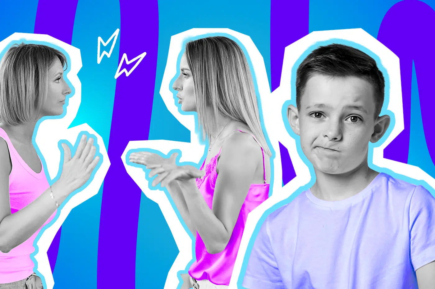 Ausdrucksstarke Collage zum Thema Supermarkt-Drama und Zivilcourage: Auf der linken Seite stehen sich zwei Frauen in Schwarz-Weiß in einer hitzigen Diskussion gegenüber. Die linke Frau trägt ein leuchtend rosafarbenes Top und hält erklärend die Hände zusammen, während die Frau rechts daneben in einem pinken Oberteil sichtlich genervt gestikuliert. Weiße Blitz-Icons zwischen ihnen verdeutlichen den verbalen Streit. Auf der rechten Seite steht ein Junge in Schwarz-Weiß, der ein fliederfarbenes T-Shirt trägt und mit hochgezogener Augenbraue und schiefem Mund völlig irritiert in die Kamera blickt. Das Pop-Art-Motiv vor einem markanten blau-violetten Wellen-Hintergrund visualisiert pointiert den unnötigen Stress beim Einkaufen, egoistisches Verhalten von Erwachsenen und die völlige Verständnislosigkeit über so wenig Hilfsbereitschaft.