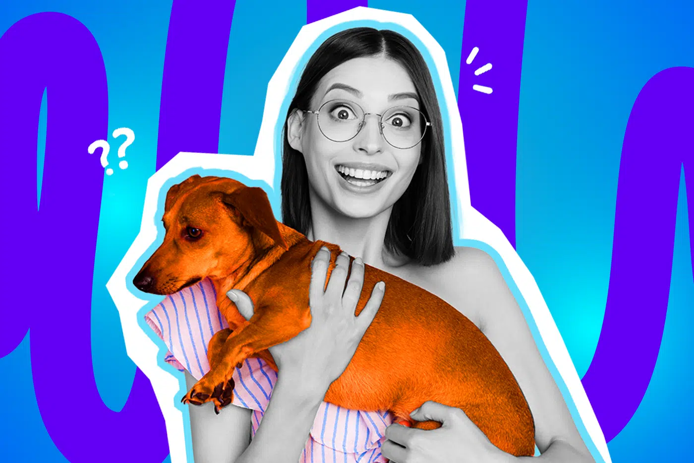 Humorvolle Collage zum Thema verrückte Verwandtschaft und Familien-Wahnsinn: Eine Frau in Schwarz-Weiß mit runder Brille, weit aufgerissenen Augen und einem leicht irren, überbreiten Grinsen blickt extrem enthusiastisch direkt in die Kamera. Sie trägt ein hell gestreiftes Oberteil und hält im starken farblichen Kontrast einen leuchtend orange-braunen Dackel im Arm, der ein wenig irritiert zur Seite schaut. Weiße Fragezeichen- und Ausrufezeichen-Icons sowie das Pop-Art-Motiv vor einem markanten blau-violetten Wellen-Hintergrund visualisieren pointiert die exzentrische Energie, den herrlich chaotischen Vibe und den stolzen Entschluss, alle gesellschaftlichen Normen über Bord zu werfen