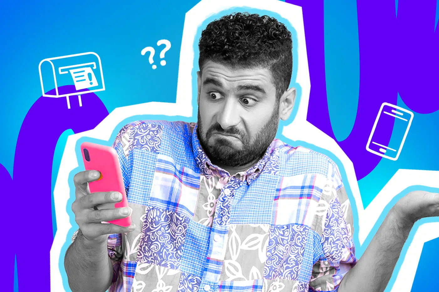 Humorvolle Collage zum Thema Ausreden und E-Mail-Kommunikation: Ein ertappt und leicht schuldbewusst blickender Mann in Schwarz-Weiß (mit gemustertem Hemd) starrt auf sein Smartphone und zieht entschuldigend und ahnungslos die Schultern hoch. In seiner Hand leuchtet das Handy in einem grellen Pink. Weiße Icons (ein Briefkasten mit einer ungelesenen Nachricht, Fragezeichen und ein Smartphone) sowie das Pop-Art-Motiv vor einem markanten blau-violetten Wellen-Hintergrund visualisieren pointiert das absichtliche Ignorieren von Nachrichten, kreative Ausreden im Büroalltag und das klassische "Ups, das muss wohl im Spam gelandet sein"-Gefühl.
