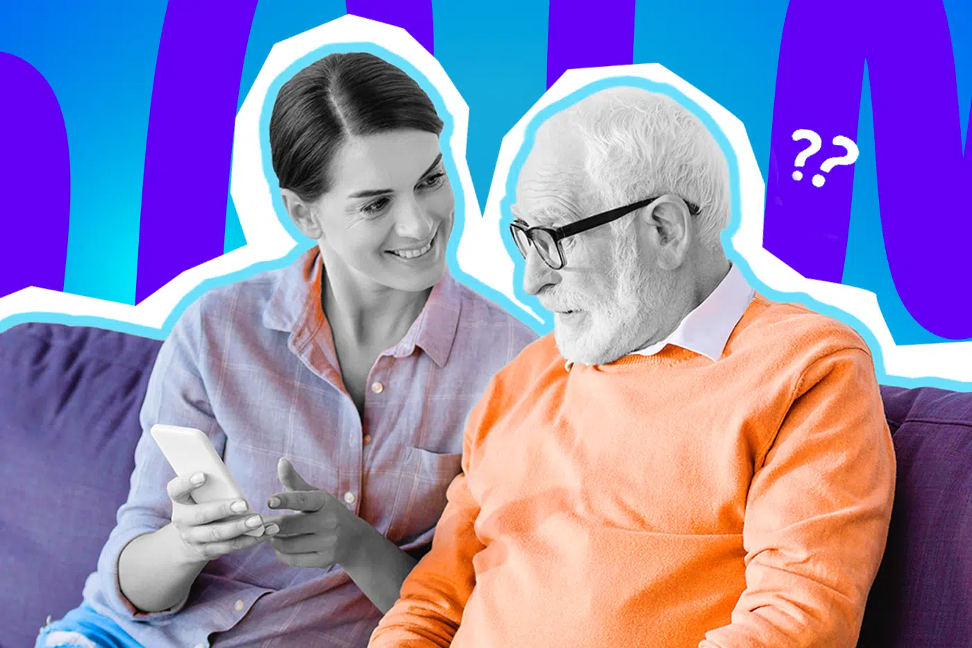 Humorvolle Collage zum Thema künstliche Intelligenz und heimliche Suchanfragen: Eine lächelnde Frau in Schwarz-Weiß hält ein Smartphone in der Hand und zeigt einem aufmerksam dreinblickenden älteren Mann mit Brille etwas auf dem Display. Während sie farblos bleibt, sticht der Mann in einem leuchtend orangefarbenen Pullover stark hervor. Sie sitzen gemeinsam auf einem lilafarbenen Sofa. Weiße Fragezeichen-Icons und das Pop-Art-Motiv vor einem markanten blau-violetten Wellen-Hintergrund visualisieren pointiert die unzähligen, oft leicht peinlichen Fragen des Alltags, die man aus Angst vor Fremdscham lieber einer KI als echten Menschen stellt.
