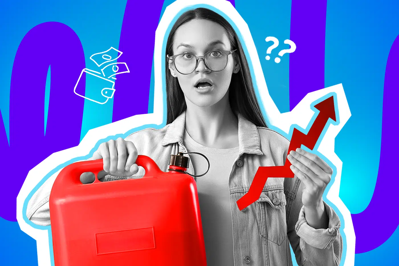 Humorvolle Collage zum Thema explodierende Spritpreise und Tankrabatt: Eine völlig fassungslos und schockiert blickende Frau mit Brille in Schwarz-Weiß hält einen leuchtend roten Benzinkanister in der rechten und einen knallroten, steil nach oben zeigenden zackigen Pfeil (Symbol für steigende Preise) in der linken Hand. Sie trägt eine Jeansjacke. Weiße Icons eines Portemonnaies, aus dem Geldscheine fliegen, schwebende Fragezeichen und das Pop-Art-Motiv vor einem blau-violetten Wellen-Hintergrund visualisieren pointiert die Verzweiflung der Autofahrer über die massive Inflation und die horrenden Energiekosten.