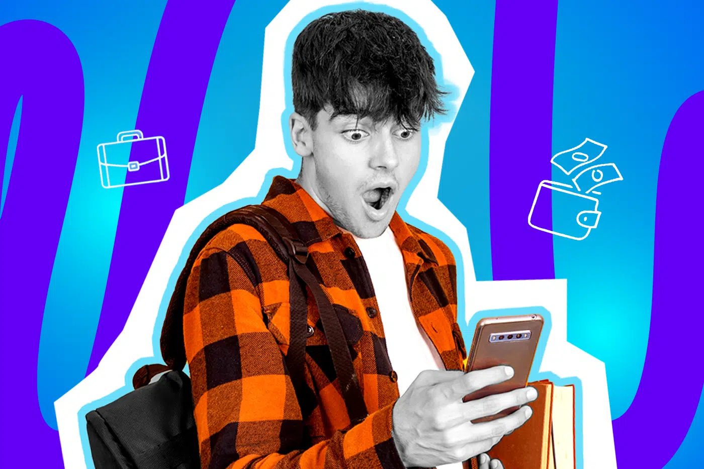 Humorvolle Collage zum Thema Gen Z, Arbeitsmoral und Finanzen: Ein völlig schockiert dreinblickender junger Mann in Schwarz-Weiß mit typischem Wuschel-Haarschnitt starrt mit aufgerissenem Mund ungläubig auf sein Smartphone. Er trägt ein leuchtend orange-schwarz kariertes Holzfällerhemd, einen Rucksack und klemmt sich Bücher unter den Arm. Weiße Icons – ein klassischer Aktenkoffer und ein Portemonnaie, aus dem die Geldscheine förmlich davonfliegen – sowie das Pop-Art-Motiv vor einem markanten blau-violetten Wellen-Hintergrund visualisieren pointiert das absolute Klischee der Generation Z: die ewige Zerrissenheit zwischen chronischer Pleite, traditioneller Arbeitswelt und dem unwiderstehlichen Drang, lieber das Handy zu checken, als ins Büro zu gehen.