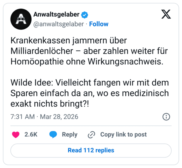 Krankenkassen jammern über Milliardenlöcher – aber zahlen weiter für Homöopathie ohne Wirkungsnachweis. Wilde Idee: Vielleicht fangen wir mit dem Sparen einfach da an, wo es medizinisch exakt nichts bringt?!