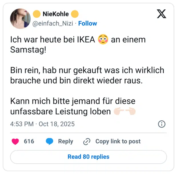Ich war heute bei IKEA 😳 an einem Samstag! Bin rein, hab nur gekauft was ich wirklich brauche und bin direkt wieder raus. Kann mich bitte jemand für diese unfassbare Leistung loben 👉🏻👈🏻