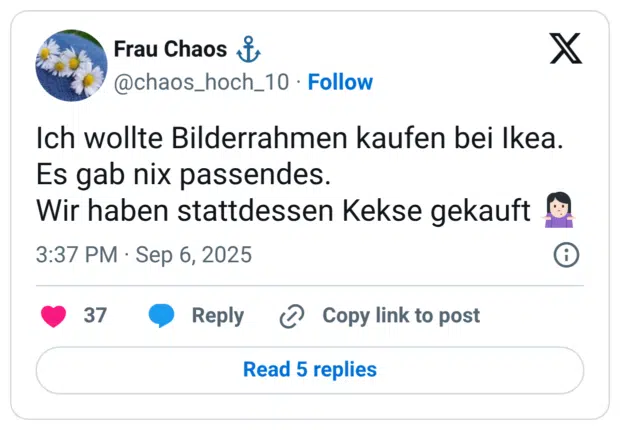 Ich wollte Bilderrahmen kaufen bei Ikea. Es gab nix passendes. Wir haben stattdessen Kekse gekauft 🤷🏻‍♀️