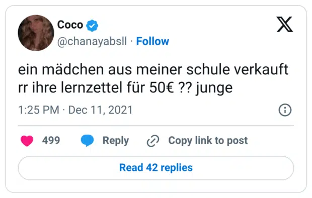 ein mädchen aus meiner schule verkauft rr ihre lernzettel für 50€ ?? junge