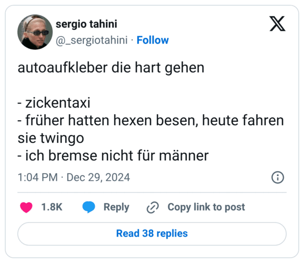 autoaufkleber die hart gehen - zickentaxi - früher hatten hexen besen, heute fahren sie twingo - ich bremse nicht für männer