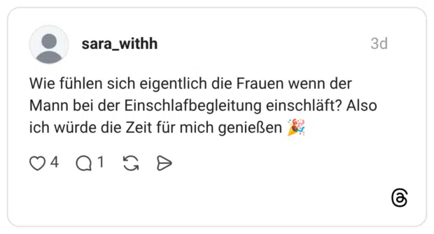 Wie fühlen sich eigentlich die Frauen wenn der Mann bei der Einschlafbegleitung einschläft? Also ich würde die Zeit für mich genießen