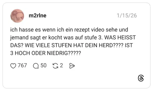 ich hasse es wenn ich ein rezept video sehe und jemand sagt er kocht was auf stufe 3. WAS HEISST DAS? WIE VIELE STUFEN HAT DEIN HERD???? IST 3 HOCH ODER NIEDRIG?????