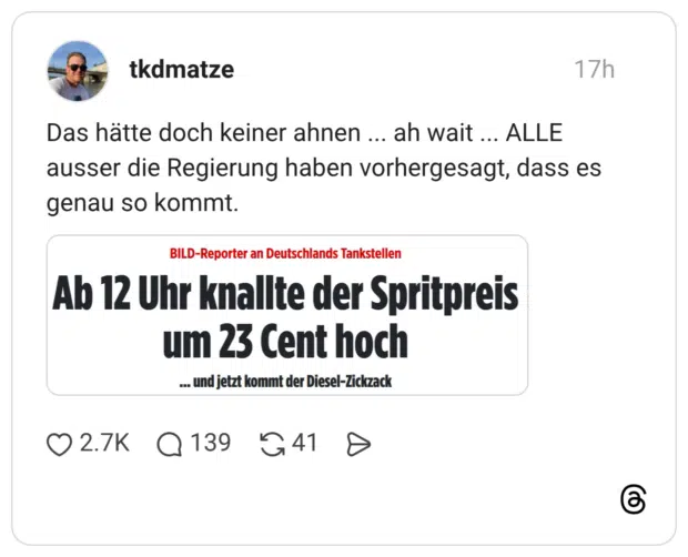 Das hätte doch keiner ahnen ... ah wait ... ALLE ausser die Regierung haben vorhergesagt, dass es genau so kommt. Ab 12 Uhr knallte der Spritpreis