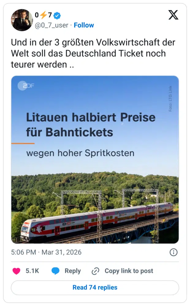 Und in der 3 größten Volkswirtschaft der Welt soll das Deutschland Ticket noch teurer werden .. 2DF Litauen halbiert Preise für Bahntickets wegen hoher Spritkosten
