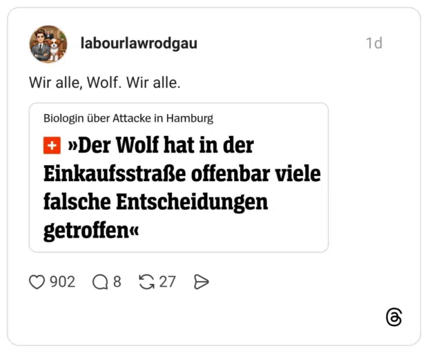 Wir alle, Wolf. Wir alle. Biologin über Attacke in Hamburg + »Der Wolf hat in der Einkaufsstraße offenbar viele falsche Entscheidungen getroffen«