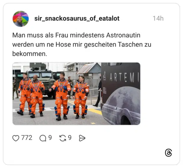 Man muss als Frau mindestens Astronautin werden um ne Hose mir gescheiten Taschen zu bekommen