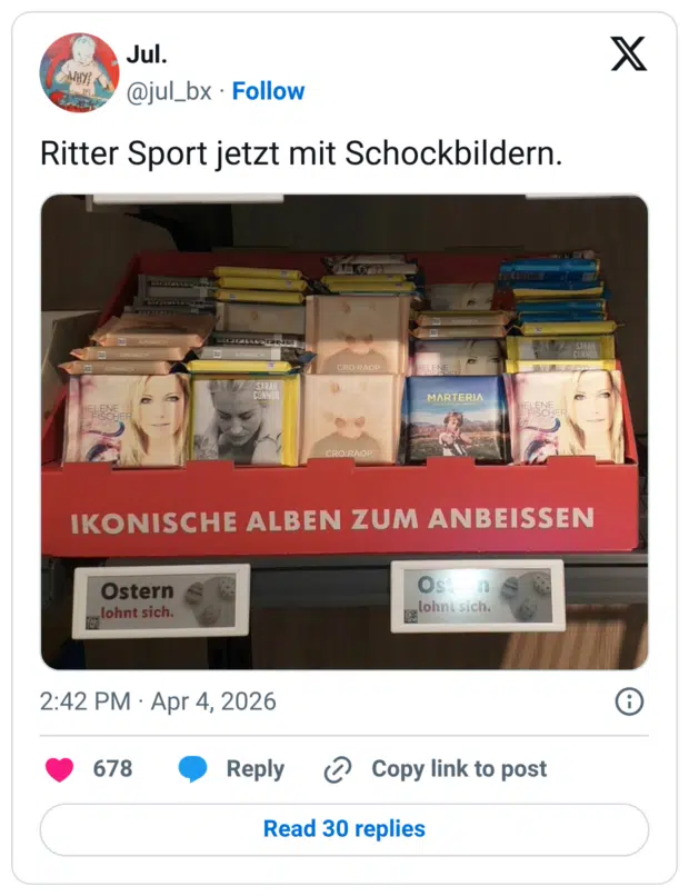 Ritter Sport jetzt mit Schockbildern.