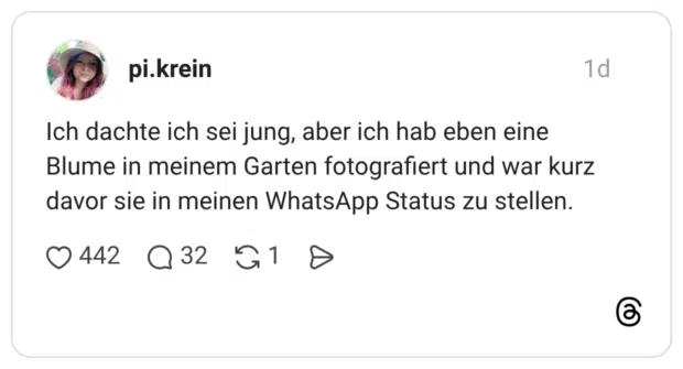 Ich dachte ich sei jung, aber ich hab eben eine Blume in meinem Garten fotografiert und war kurz davor sie in meinen WhatsApp Status zu stellen.