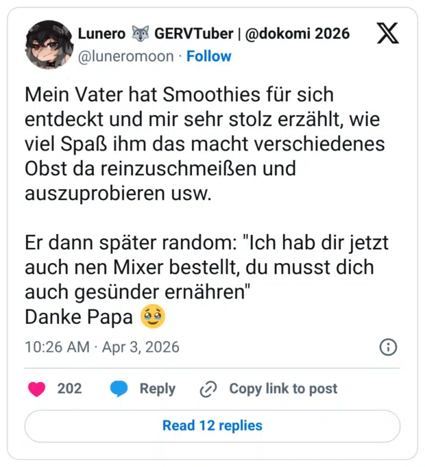 Mein Vater hat Smoothies für sich entdeckt und mir sehr stolz erzählt, wie viel Spaß ihm das macht verschiedenes Obst da reinzuschmeißen und auszuprobieren usw. Er dann später random: "Ich hab dir jetzt auch nen Mixer bestellt, du musst dich auch gesünder ernähren" Danke Papa 🥹 12:26 nachm. · 3. Apr. 202