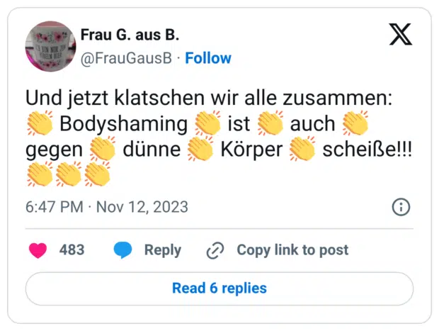 Und jetzt klatschen wir alle zusammen: 👏 Bodyshaming 👏 ist 👏 auch 👏 gegen 👏 dünne 👏 Körper 👏 scheiße!!! 👏👏👏