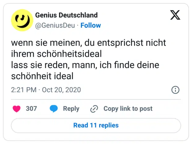 wenn sie meinen, du entsprichst nicht ihrem schönheitsideal lass sie reden, mann, ich finde deine schönheit ideal