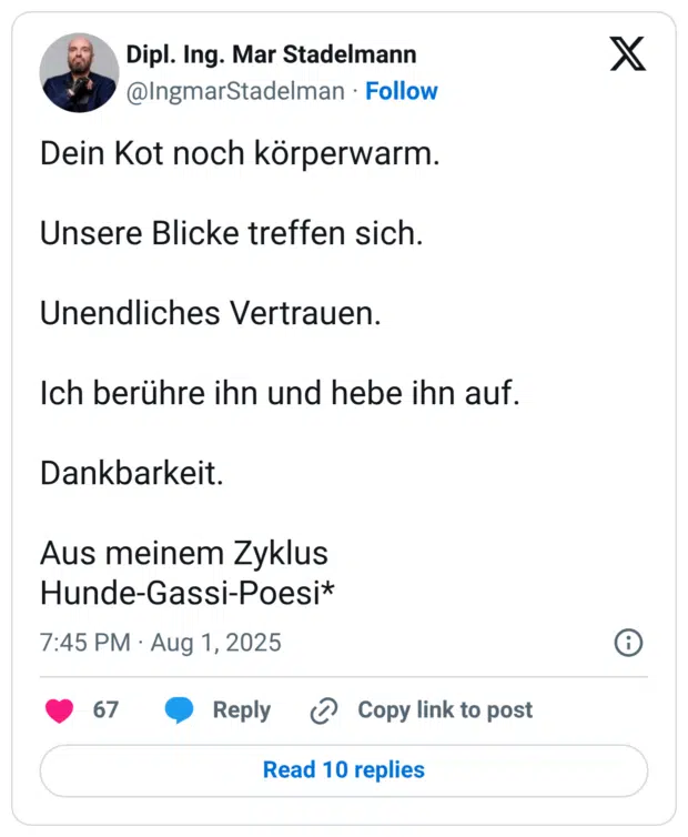 Dein Kot noch körperwarm. Unsere Blicke treffen sich. Unendliches Vertrauen. Ich berühre ihn und hebe ihn auf. Dankbarkeit. Aus meinem Zyklus Hunde-Gassi-Poesi*