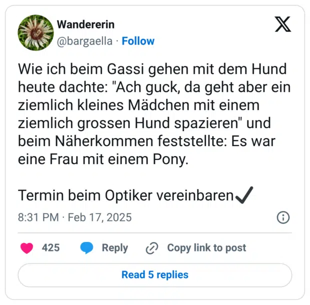 Wie ich beim Gassi gehen mit dem Hund heute dachte: "Ach guck, da geht aber ein ziemlich kleines Mädchen mit einem ziemlich grossen Hund spazieren" und beim Näherkommen feststellte: Es war eine Frau mit einem Pony. Termin beim Optiker vereinbaren✔️