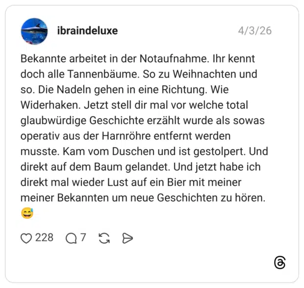 Bekannte arbeitet in der Notaufnahme. Ihr kennt doch alle Tannenbäume. So zu Weihnachten und so. Die Nadeln gehen in eine Richtung. Wie Widerhaken. Jetzt stell dir mal vor welche total glaubwürdige Geschichte erzählt wurde als sowas operativ aus der Harnröhre entfernt werden musste. Kam vom Duschen und ist gestolpert. Und direkt auf dem Baum gelandet. Und jetzt habe ich direkt mal wieder Lust auf ein Bier mit meiner meiner Bekannten um neue Geschichten zu hören.