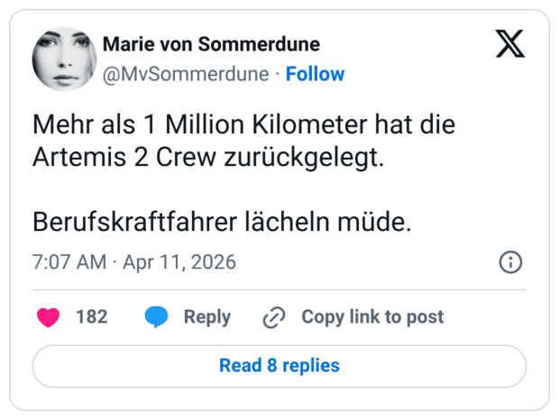 Mehr als 1 Million Kilometer hat die Artemis 2 Crew zurückgelegt. Berufskraftfahrer lächeln müde.
