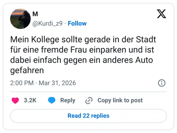 Mein Kollege sollte gerade in der Stadt für eine fremde Frau einparken und ist dabei einfach gegen ein anderes Auto gefahren