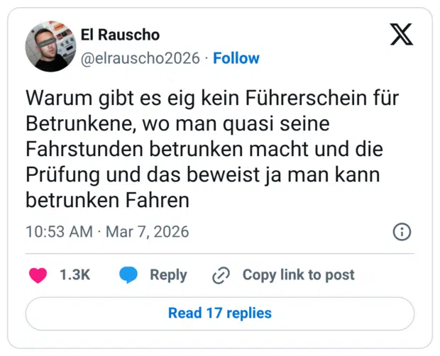Warum gibt es eig kein Führerschein für Betrunkene, wo man quasi seine Fahrstunden betrunken macht und die Prüfung und das beweist ja man kann betrunken Fahren
