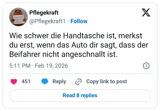 Wie schwer die Handtasche ist, merkst du erst, wenn das Auto dir sagt, dass der Beifahrer nicht angeschnallt ist.