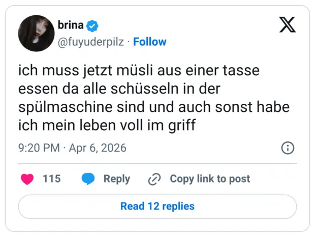 ich muss jetzt müsli aus einer tasse essen da alle schüsseln in der spülmaschine sind und auch sonst habe ich mein leben voll im griff