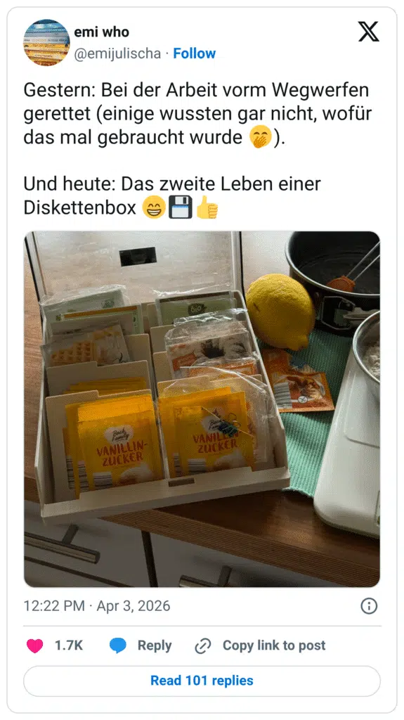 Gestern: Bei der Arbeit vorm Wegwerfen gerettet (einige wussten gar nicht, wofür das mal gebraucht wurde ( Und heute: Das zweite Leben einer Diskettenbox