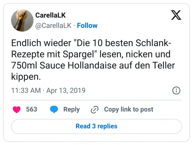 Endlich wieder "Die 10 besten Schlank-Rezepte mit Spargel" lesen, nicken und 750ml Sauce Hollandaise auf den Teller kippen.