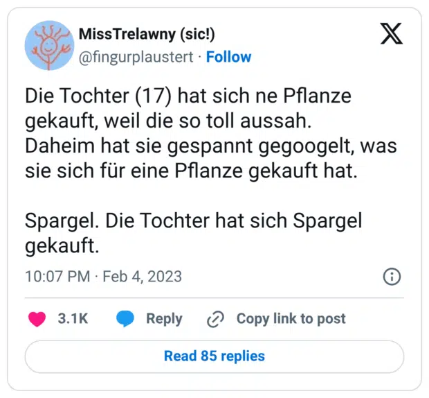 Die Tochter (17) hat sich ne Pflanze gekauft, weil die so toll aussah. Daheim hat sie gespannt gegoogelt, was sie sich für eine Pflanze gekauft hat. Spargel. Die Tochter hat sich Spargel gekauft.